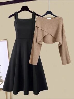 Black Square-Neck A-Line Dress with Beige Cropped Knit Shrug